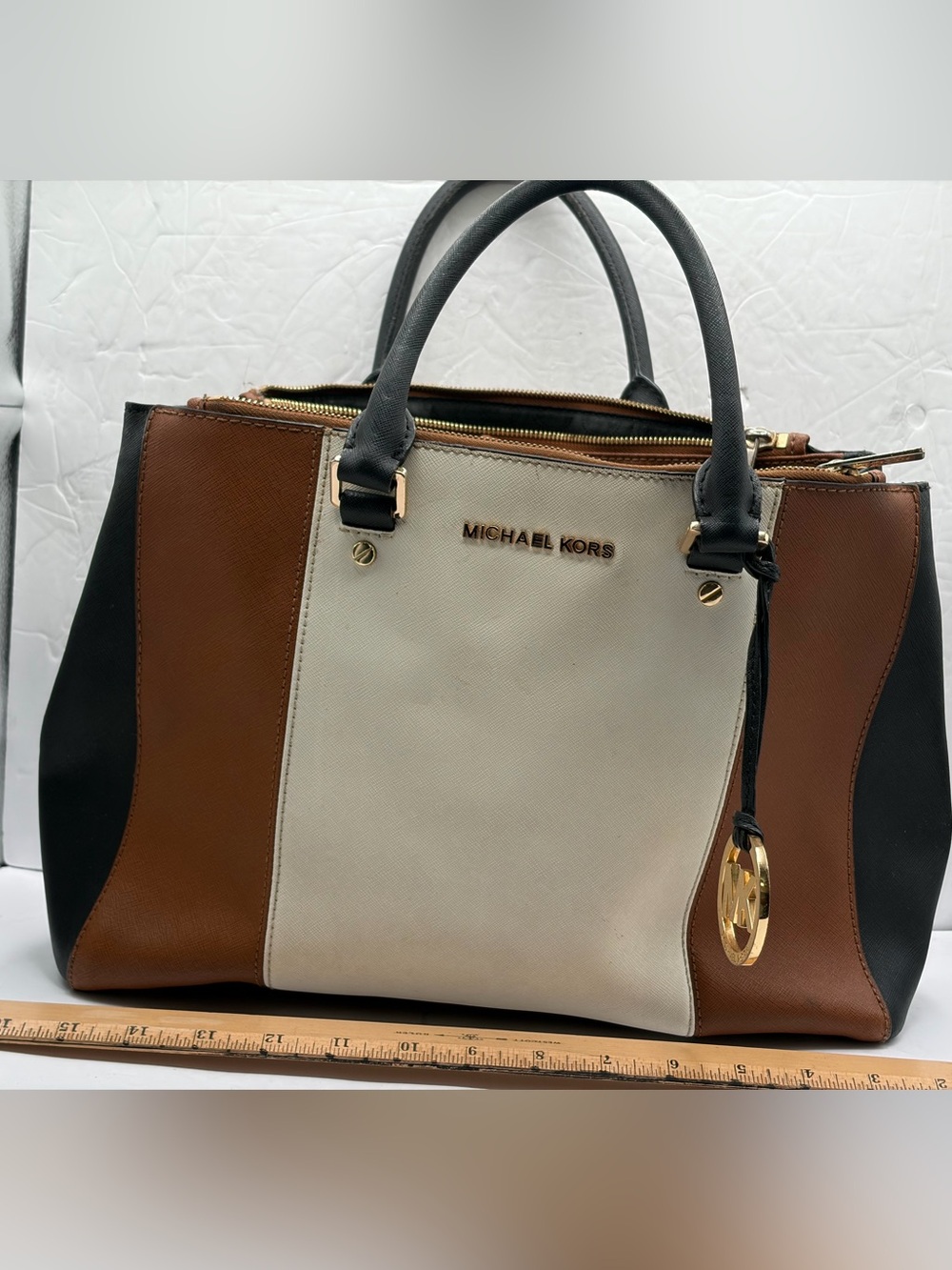 Michael Kors Sutton Large Center Strip Satchel Bag Color Block White Brown Black